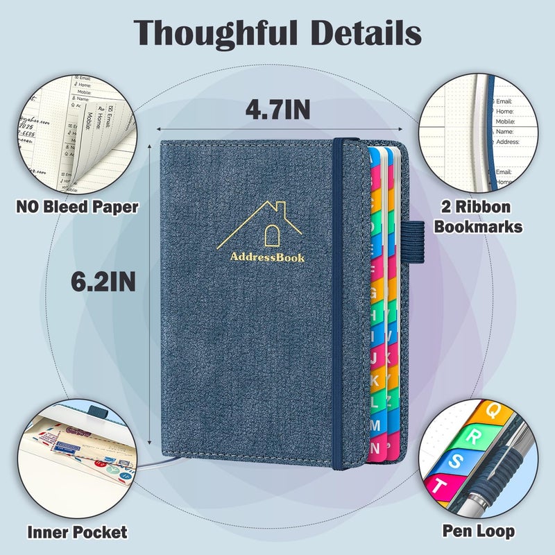Witsbrez Address Book with Colorful Alphabetical Tabs, 4.7" X 6.2" Hardcover Address and Phone Number Book for Record Contacts, Telephone Address and Password Book Combo for Seniors (Denim Blue) - Image 5